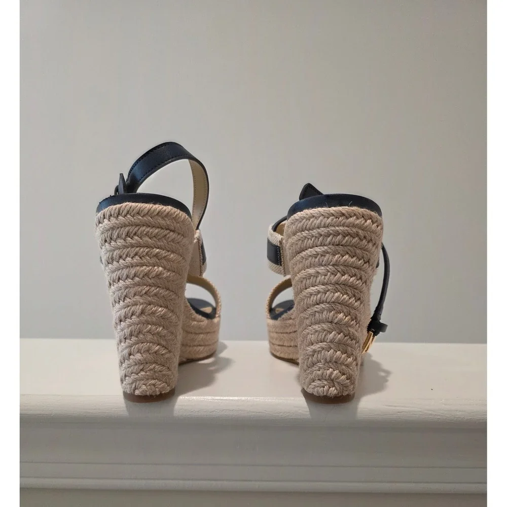 Women 6 M Michael‎ Kors Reed Wedge Sandals Navy Natural Espadrille Platform Logo